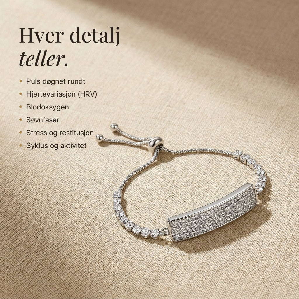 Selma Fitband i krystallsølv og hva armbåndet måler